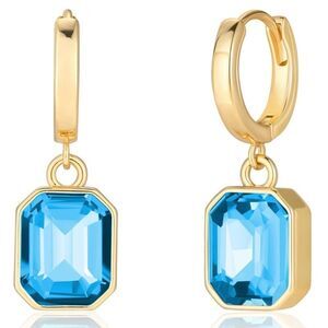 18K Yellow Gold with Aquamarine Blue Crystal Dangling Octagon Huggie Earrings